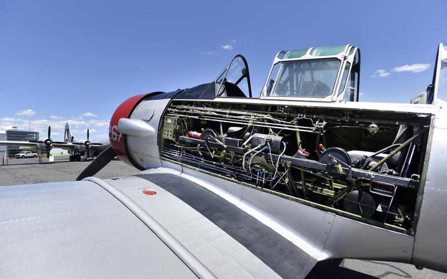 A 1940s era T6 Texan Advanced Trainer plane on display during the AirPower History Tour at Westfield-Barnes Regional Airport.