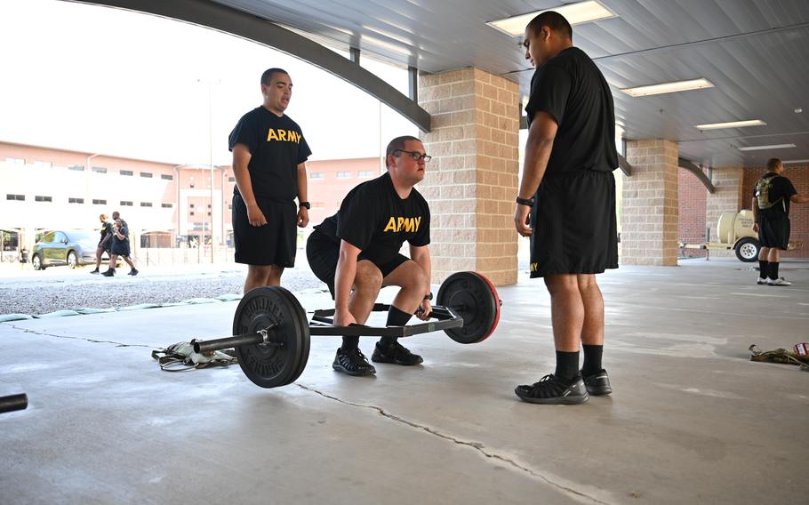 A student in the fitness track of the Army’s Future Soldier Preparatory Course works on deadlifts during a training session in June 2023 at Fort Jackson, S.C. The fitness track of the course educates students on the Army’s Holistic Health and Fitness System to help them lose body fat in order to meet the Army’s enlistment standards.