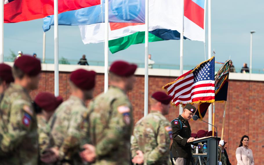 U.S. Army Col. Phillip J. Kiniery III, commander of 2nd Brigade, 82nd Airborne Division, speaks at an event in Nijmegen, Netherlands, Sept. 20, 2021, honoring U.S. paratroopers who died crossing the Waal River in September 1944. 