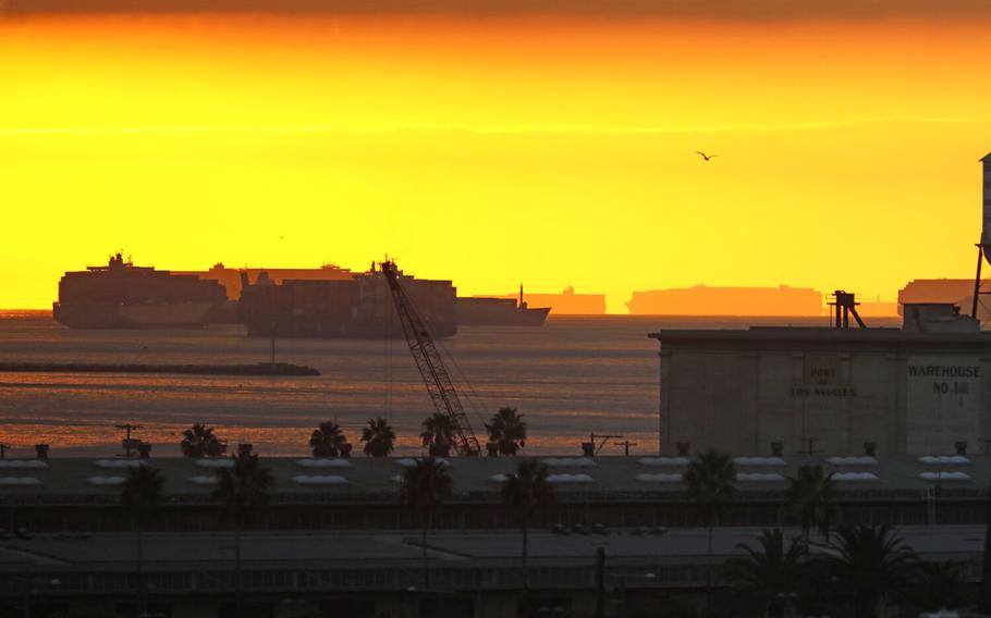 Cargo ships are backed up waiting to unload in the Port of Los Angeles and Port of Long Beach in Los Angeles, California on Nov. 17, 2021. 