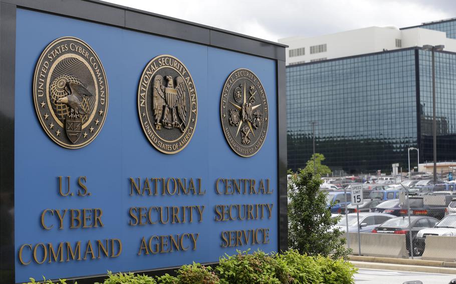 The sign outside the National Security Administration (NSA) campus where U.S. Cyber Command is located in Fort Meade, Md., June 6, 2013. Tensions are soaring over Ukraine with Western officials warning about the danger of Russia launching major cyberattacks against its NATO allies. 