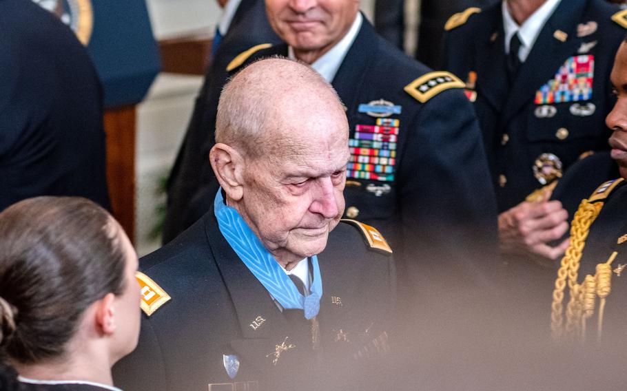 Medal of Honor recipient retired Army helicopter pilot Capt. Larry Taylor leaves a White House ceremony in his honor on Tuesday, Sept. 5, 2023, after he was recognized for his heroic actions during the Vietnam War when led a mission in 1968 to save a small group of soldiers trapped in a rice field by enemy fire.