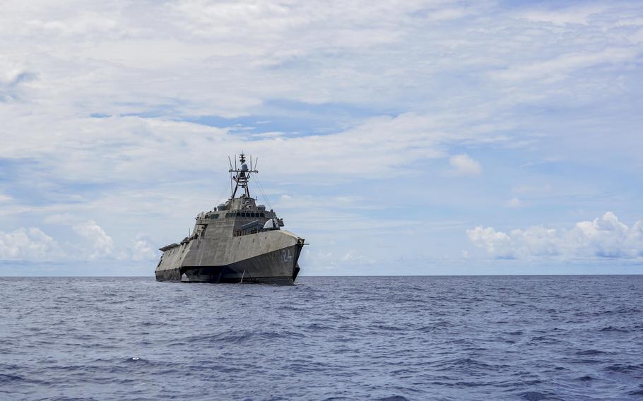 Independence-class littoral combat ship USS Oakland sails across the Coral Sea, April 17, 2023. 