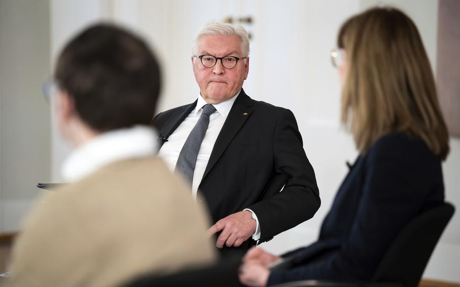 German President Frank-Walter Steinmeier attends a discussion about the pros and cons of mandatory vaccination to overcome the Covid 19 pandemic at Bellevue Palace in Berlin, Germany, on Wednesday, Jan. 12, 2022.