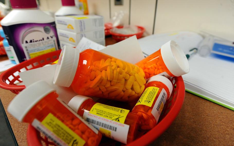 Processed medications await pick up at the pharmacy on Ellsworth Air Force Base, S.D.