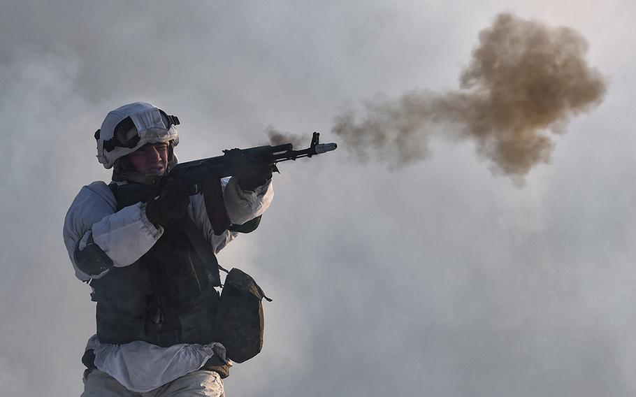 A Russian soldier attends a military exercising at the Golovenki training ground in the Moscow region on Tuesday, Jan. 25, 2022.