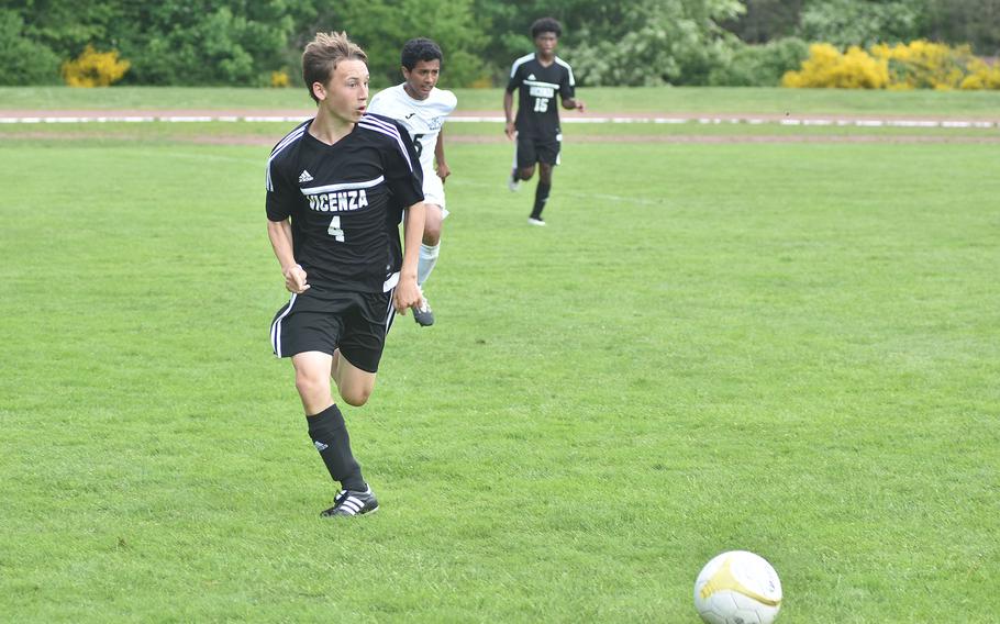Vicenza's Owen Haupt heads quickly up the field on Tuesday, May 17, 2022, at the DODEA-Europe boys Division II soccer championships at Landstuhl, Germany.