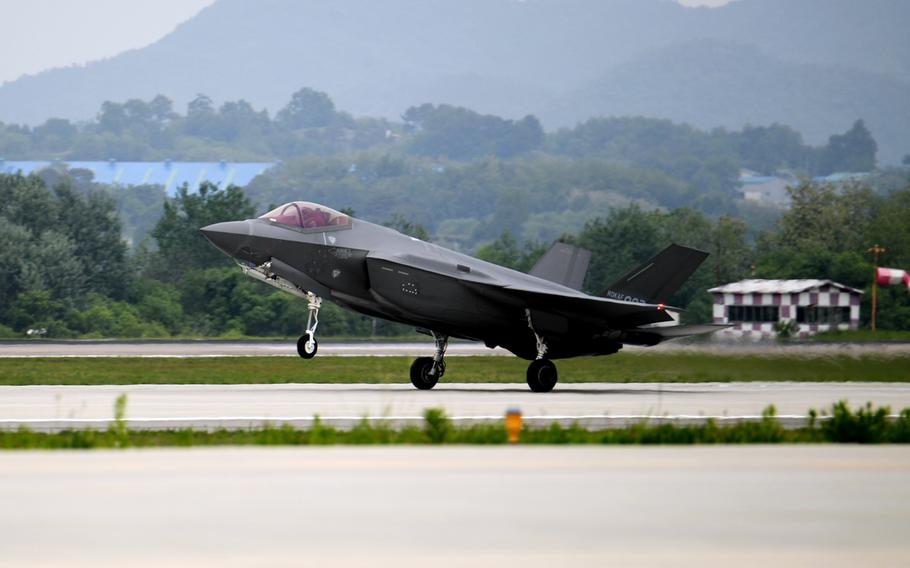 A South Korean air force F-35A Lightning II takes off from Cheongju Air Base during the weeklong Soaring Eagle exercise, May 12, 2023.