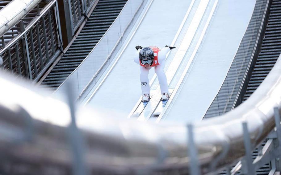 Army Spc. Jasper Good competes at the FIS Nordic World Ski Championships in Oberstdorf, Germany, Feb. 26, 2021. 