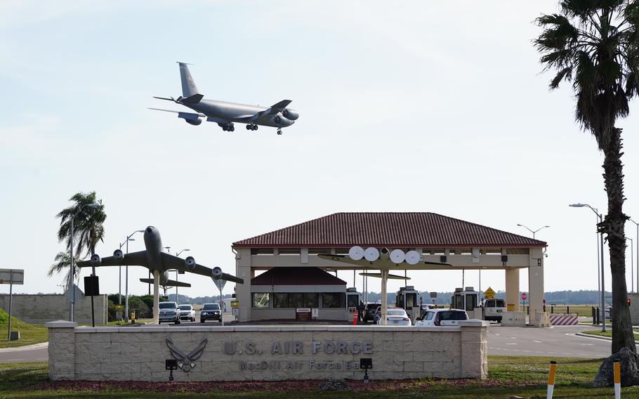 A KC-135 refueling aircraft flies over the Dale Mabry entrance of Macdill Air Force Base while coming in for a landing in January 2021 in Tampa. The University of South Florida and MacDill announced a new partnership this week.