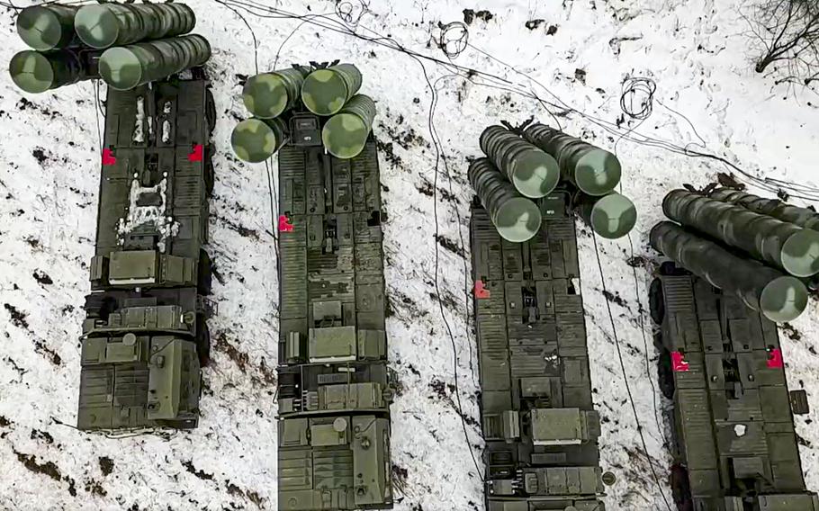 In this photo taken from video provided by the Russian Defense Ministry Press Service on Thursday, Feb. 10, 2022,cCombat crews of the S-400 air defense system take up combat duty at the training ground in the Brest region during the Union Courage-2022 Russia-Belarus military drills in Belarus.