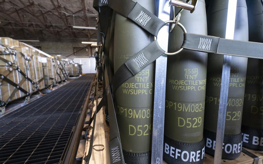 Pallets of 155 mm shells ultimately bound for Ukraine are loaded by the 436th Aerial Port Squadron, Friday, April 29, 2022, at Dover Air Force Base, Del.  