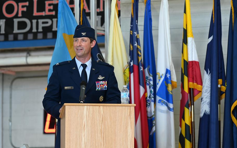 U.S. Air Force Col. Jack R. Arthaud, 33rd Wing incoming commander, speaks for the first time as commander during his change of command ceremony, July 30, 2021, at Eglin Air Force Base, Fla. Arthaud took command after serving as the Weapons School commander at Nellis Air Force Base, Nev.