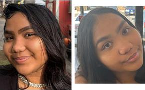 Side-by-side, close-up images of a woman with dark hair posing while looking forward.