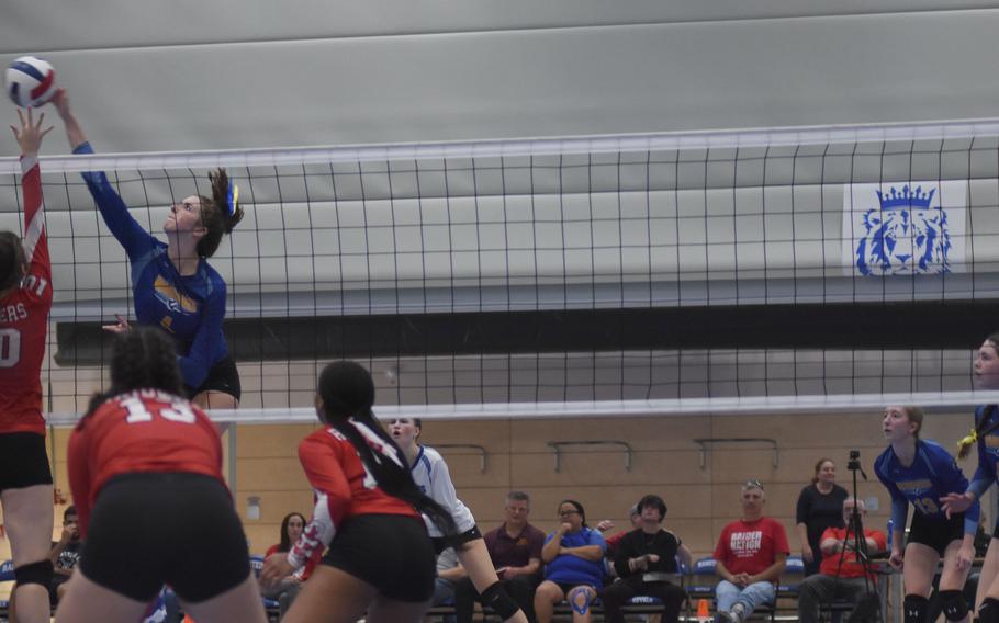 Wiesbaden’s Lyndsey Urick used her height to her advantage at the net during the DODEA-Europe Division I girls’ volleyball championship on Saturday, Oct. 29, 2022, at Ramstein High School in Germany. Wiesbaden won the match in four sets.