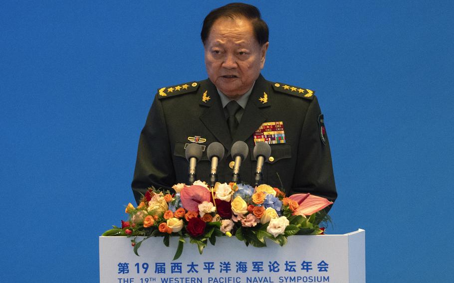 Zhang Youxia, vice chairman of the CPC Central Military Commission, speaks at the Western Pacific Navy Symposium held in Qingdao in eastern China’s Shandong province on Monday, April 22, 2024. 