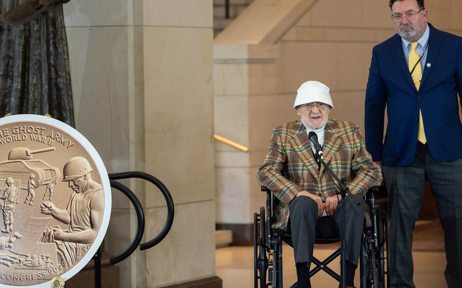 Bernie Bluestein speaks of his time with the Ghost Army, a World War II unit whose members were awarded the Congressional Gold Medal at the U.S. Capitol in Washington, D.C., on March 21, 2024.