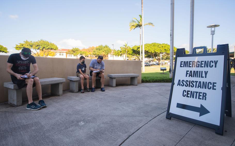 Service members and their families affected by contaminated water file for temporary lodging assistance at Joint Base Pearl Harbor-Hickam, Hawaii, Feb. 22, 2022. 