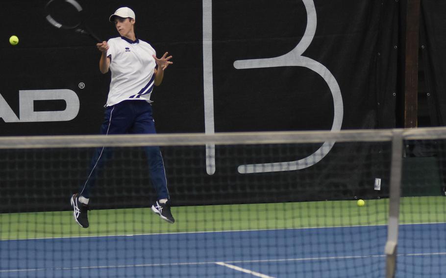 Marymount’s Leonardo Proietti goes airborne during his semifinal game on Friday, Oct. 21, 2022, at the DODEA European tennis championships in Wiesbaden, Germany.