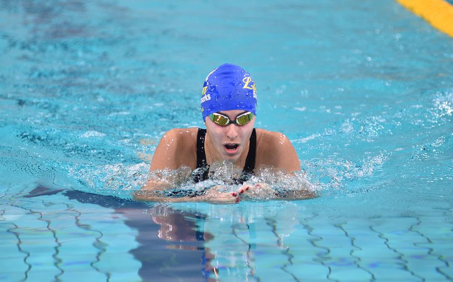 Lisbon Bullshark Luisa Pato swims the breaststroke in the 15-to-16-year-old girls 200-meter individual medley during the European Forces Swim League Short-Distance Championships on Feb. 11, 2024, at the Pieter van den Hoogenband Zwemstadion at the Nationaal Zwemcentrum de Tongelreep in Eindhoven, Netherlands.