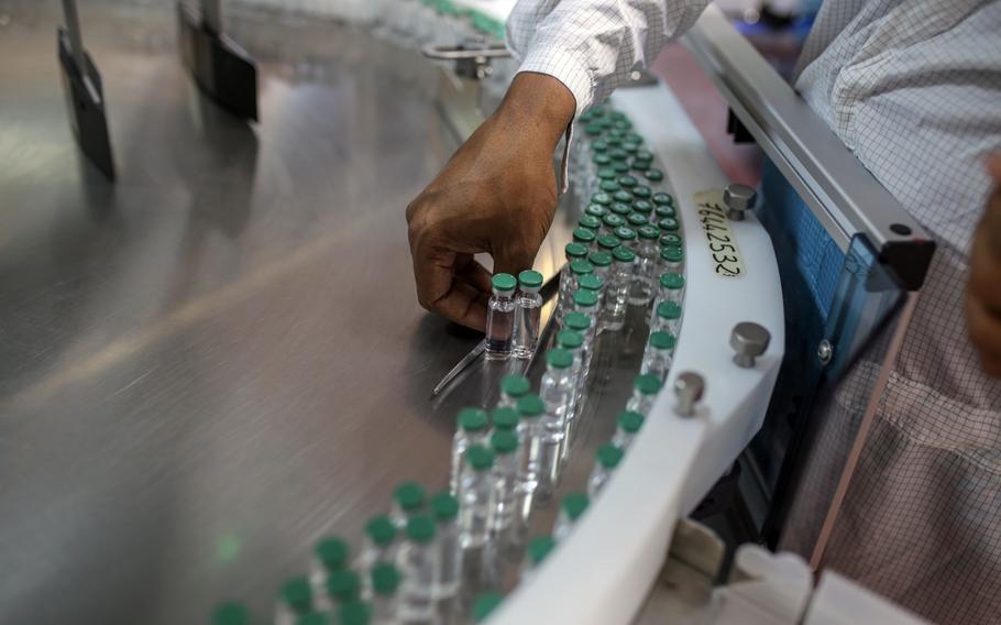 Covishield, the local name for the AstraZeneca vaccine, on the production line at Serum's plant in Pune, India, in January 2021. 