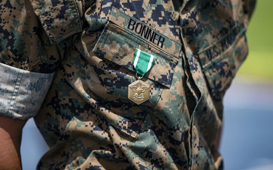 Cpl. Dominick Bonner received the Navy and Marine Corps Commendation Medal at Marine Corps Air Station Futenma, Okinawa, June 8, 2021. Bonner, a chemical, biological, radiological and nuclear defense specialist with the 1st Marine Aircraft Wing, helped save a restaurant worker's life earlier this spring. 