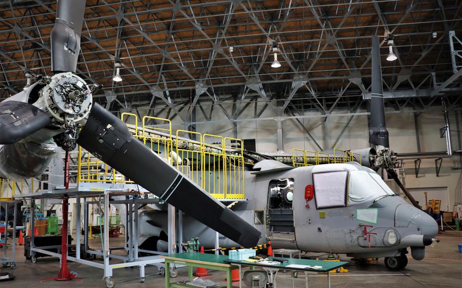 A V-22 Osprey is repaired at Fleet Readiness Center Western Pacific near Naval Air Facility Atsugi, Japan, in this undated photo. 