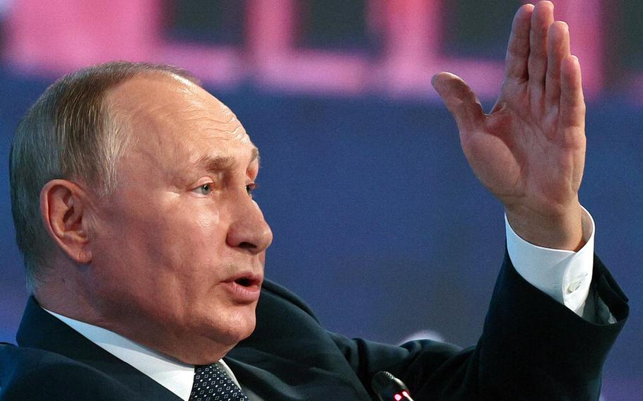 Russian President Vladimir Putin gestures while speaking during a plenary session at the Eastern Economic Forum in Vladivostok, Russia, on Wednesday, Sept. 7, 2022.