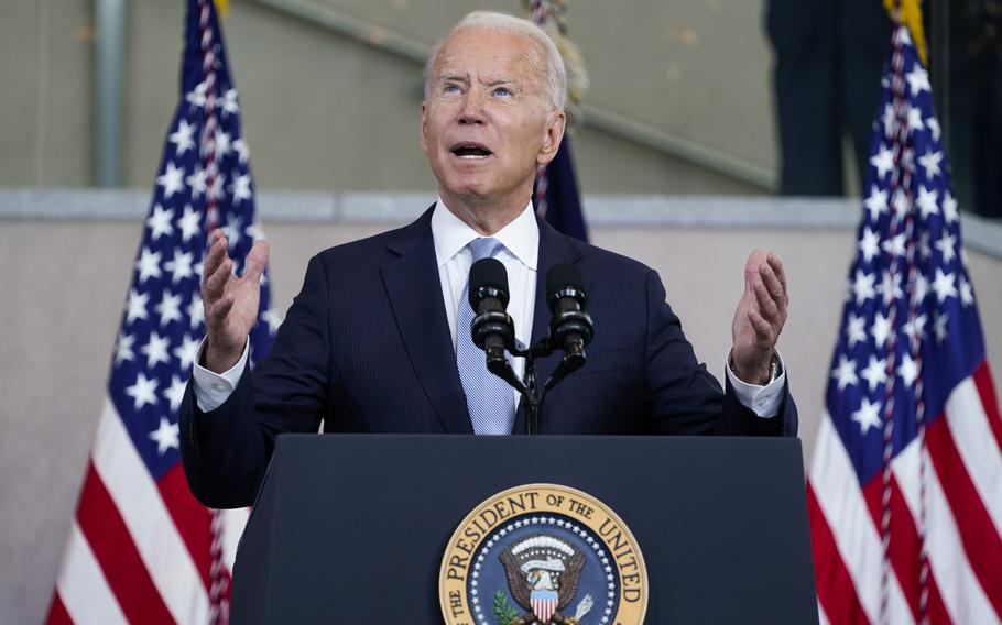 FILE - President Joe Biden delivers a speech on voting rights at the National Constitution Center, on July 13, 2021, in Philadelphia. Biden often talks about how the U.S. must show democracies can deliver, but he has done little to press the case for voting rights, other than a speech in Philadelphia. The anniversary will bring this issue back to the forefront, and it remains a central challenge for the president. 