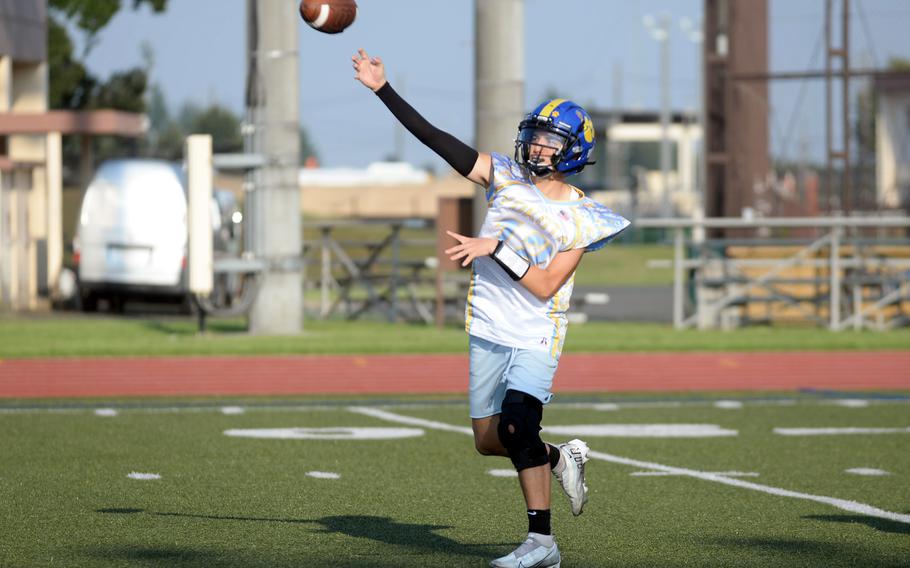 Yokota High School Panthers quarterback Ethan Bricker practices at Yokota Air Base, Japan, Thursday, Sept. 28, 2023. 