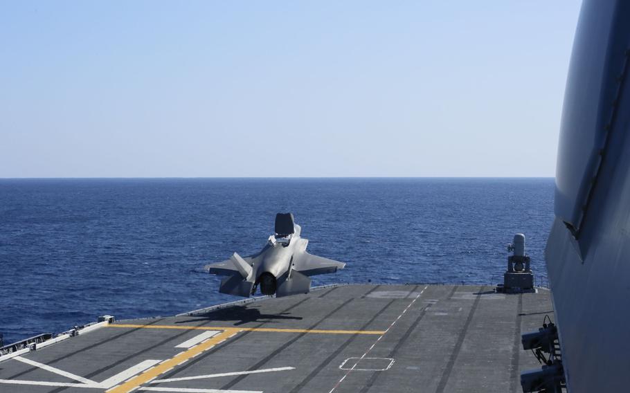 A Marine Corps F-35B Lightning II stealth fighter takes off from the JS Izumo, a Japanese helicopter carrier, in the Philippine Sea, Sunday, Oct. 3, 2021.