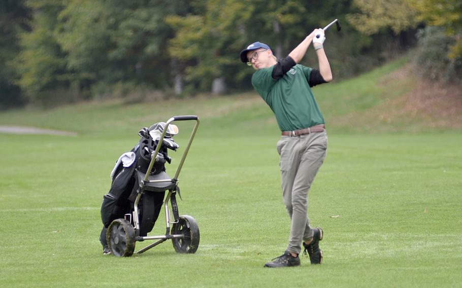 Casper Waldeck of Naples swings Wednesday during the first day of the DODEA European golf championships at the Rheinblick Golf Course in Wiesbaden, Germany.