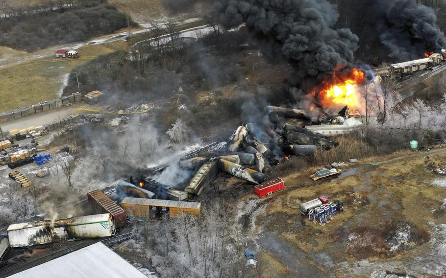 A Norfolk Southern freight train carrying toxic chemicals derailed Feb. 3, 2023, in East Palestine, Ohio.