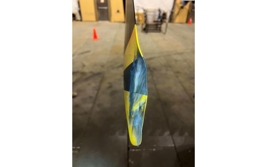 The damaged propeller of a U.S. MQ-9 Reaper drone is shown after a Russian fighter jet in Syria launched flares, which struck the drone July 23, 2023, the U.S. Air Force said. The Reaper made it back to its base.