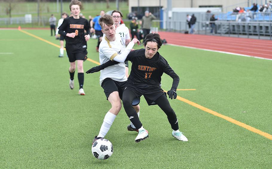 Sentinel right back James Idems boxes out Alconbury striker Keiran Daley as the ball goes toward the end line during a March 16, 2024, game at Spangdahlem High School in Spangdahlem, Germany.