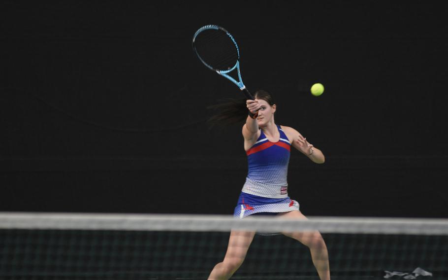 Ramstein’s Kassianna von Eicken sends the ball over the net during her finals match at the DODEA European tennis championships on Saturday, Oct. 22, 2022, in Wiesbaden, Germany. Von Eicken was runner-up in singles to Kaiserslautern’s Stella Schmitz.