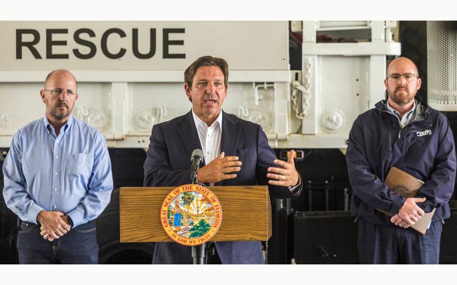 Florida Gov. Ron DeSantis speaks while visiting Fire Rescue Station 5 in the Hollywood, Fla., on June 14, 2024.