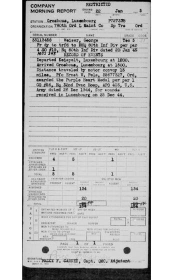 An Army morning report from Jan. 22, 1945, that was transferred from microfilm to a digital format through a partnership between the National Archives and the company Ancestry. The entire year’s worth of reports will soon be available online and offer researchers information about a unit’s personnel updates during the final year of World War II.