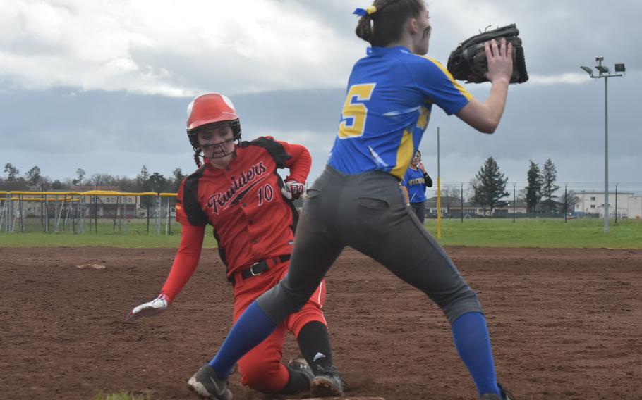 Kaiserslautern junior Mariska Campbell slides into third base during the season opener in Wiesbaden, Germany on March 16, 2024.