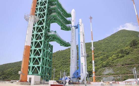 In this photo released by the Korea Aerospace Research Institute, the Nuri rocket sits on its launch pad at the Naro Space Center in Goheung, South Korea, Tuesday, May 23, 2023. South Korea was set to launch its first commercial-grade satellite, on Wednesday as rival North Korea.
