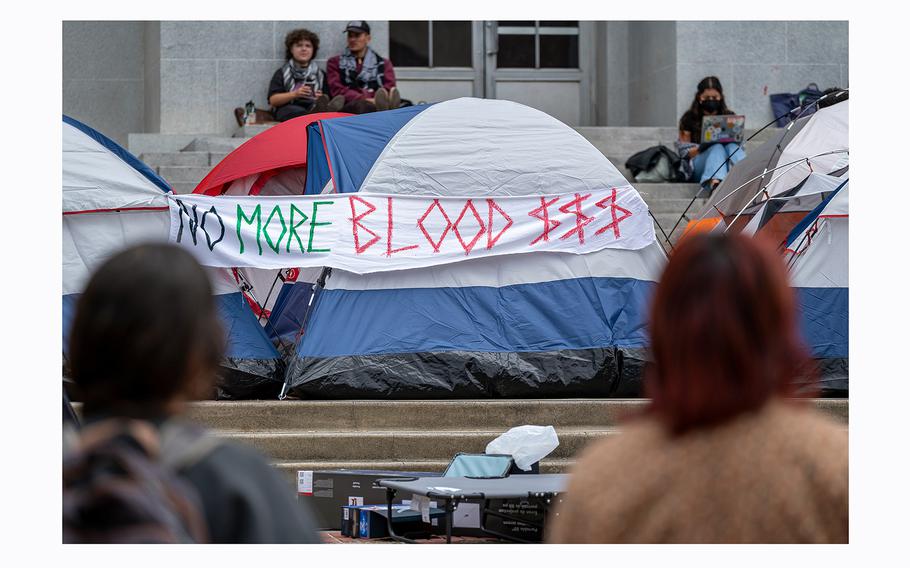 Pro-Palestinian demonstrators at an encampment on the University of California, Berkeley. 