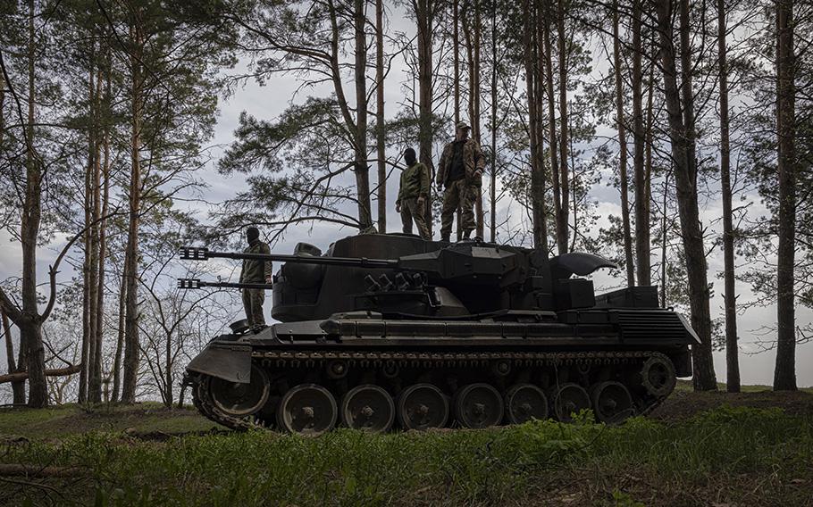 A Flakpanzer Gepard anti-aircraft tank on April 19, 2023, that is part of Ukraine’s counteroffensive operations in Kharkiv and Kherson. 