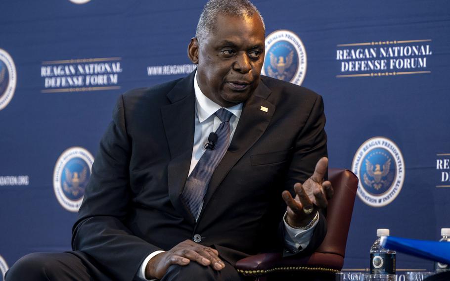 Defense Secretary Lloyd Austin delivers the keynote address during at the Reagan National Defense Forum at the Ronald Reagan Presidential Library in Simi Valley, Calif., on Saturday, Dec. 4, 2021. 