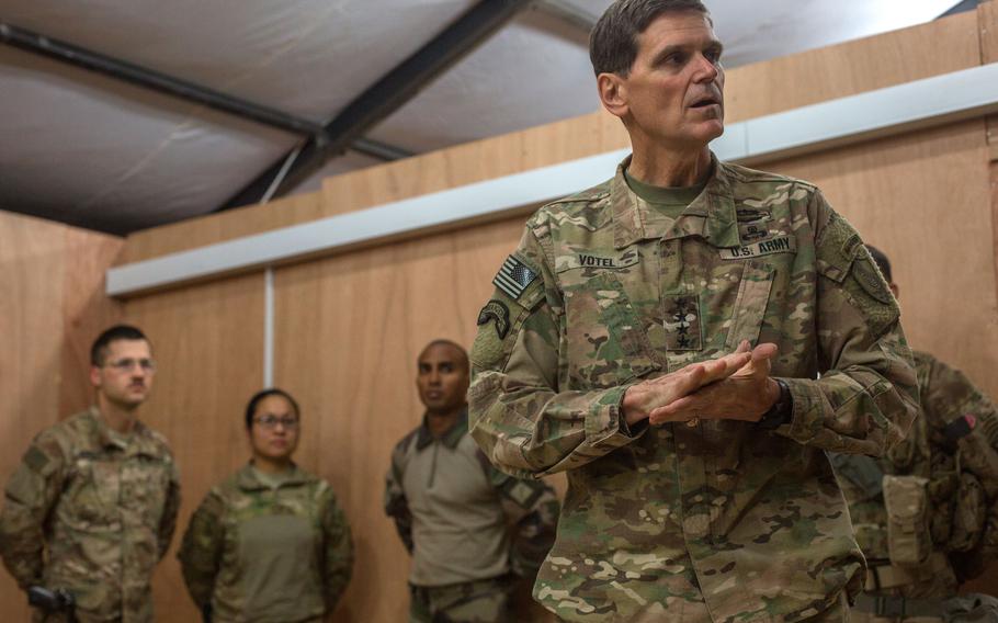 Gen. Joseph Votel, then commander of U.S. Central Command, meets troops at Qayyarah West Airfield, Iraq, Oct. 25, 2016. Votel, now a senior fellow at the Middle East Institute in Washington, says troops should not be judged on the outcomes of decisions made above their level of control.