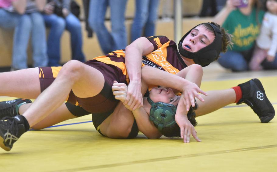 Vilseck’s Johnathan Wissemann defeated Alconbury’s Edison Vega at 113 pounds Friday, Feb. 9, 2024, at the DODEA European Wrestling Championships in Wiesbaden, Germany.