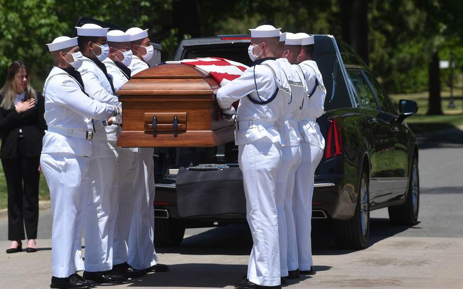 A photo from the burial service of Navy Radioman 3rd Class Thomas E. Griffith, 20, of Dayton, who was killed during World War II, at Arlington National Cemetery.