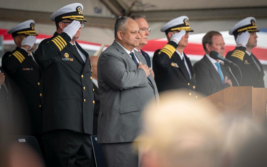 Secretary of the Navy Carlos Del Toro participates in the commissioning of the USS John L. Canley on Feb. 17, 2024, at Naval Air Station North Island, Calif. The ship is named for Marine Corps Sgt. Maj. John L. Canley, who was awarded the Medal of Honor in 2018 for his actions in 1968 during the Battle of Hue in Vietnam.