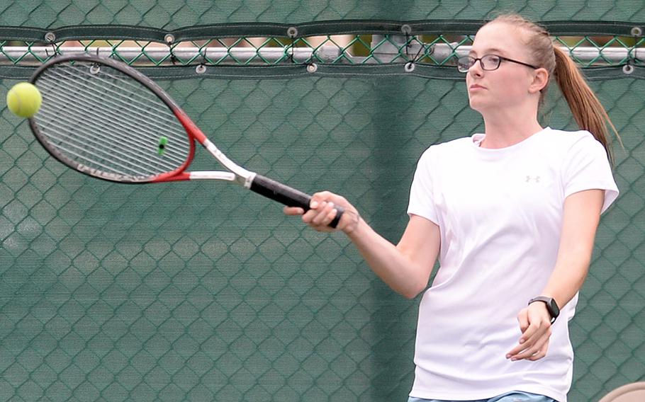 Senior Ella Sims went unbeaten on the DODEA-Korea tennis circuit last season; she and her twin sister Emma return to the courts, while their younger sister, sophomore Ava, plays golf for Daegu.
