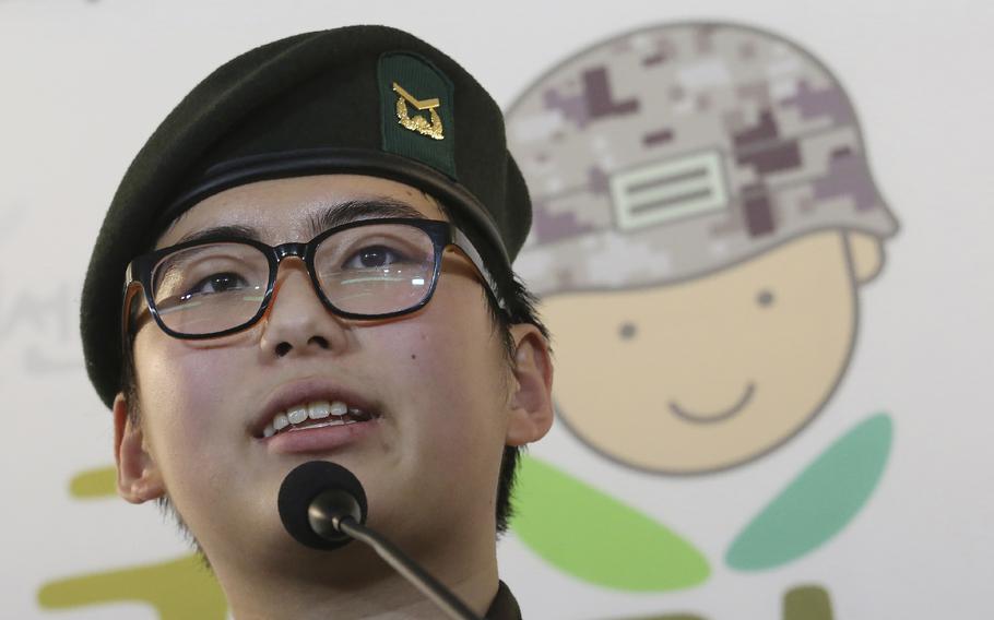 In this Jan. 22, 2020 photo, South Korean army Sergeant Byun Hui-su speaks during a press conference at the Center for Military Human Right Korea in Seoul, South Korea. A South Korean court ruled Thursday, Oct. 7, 2021, that the military unlawfully discriminated against the country’s first known transgender soldier by discharging her for undergoing gender reassignment surgery, in a landmark verdict that came seven months after she was found dead at her home. 