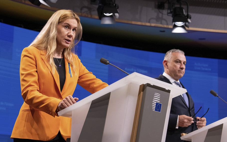 Kadri Simson, European Union’s energy commissioner, left, and Jozef Sikela, Czech Republic’s industry minister, during a news conference in Brussels on Friday, Sept. 9, 2022.